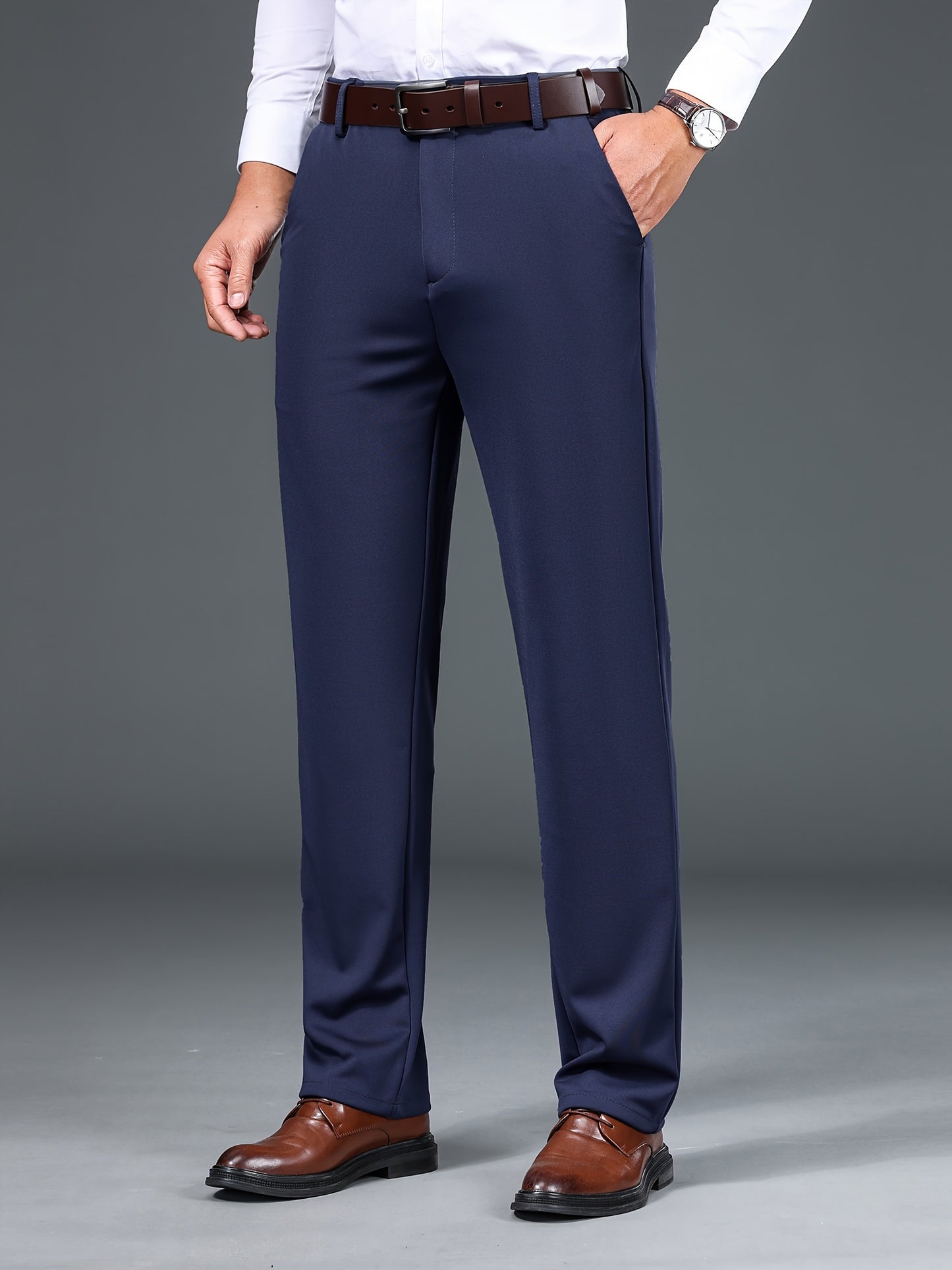 Men's solid color straight leg pants suitable for both business and casual wear.