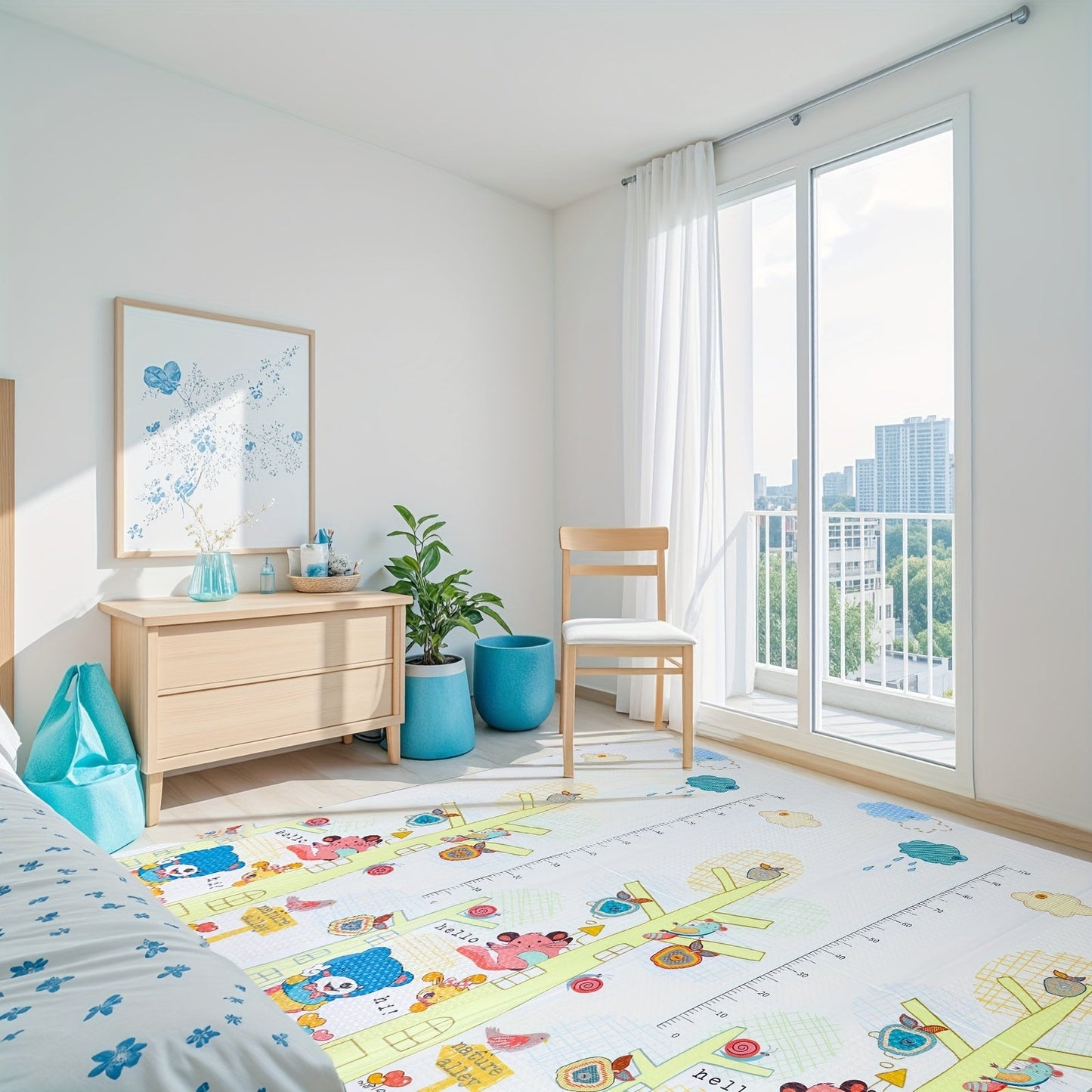 The Double-Sided Waterproof Play Mat, featuring a Blue Cartoon Animal Design, is engineered with a Foldable Non-Slip PE Surface. It is perfect for Crawling and Walking Training, as well as adding a touch of charm to your Nursery Floor. Makes for an Ideal