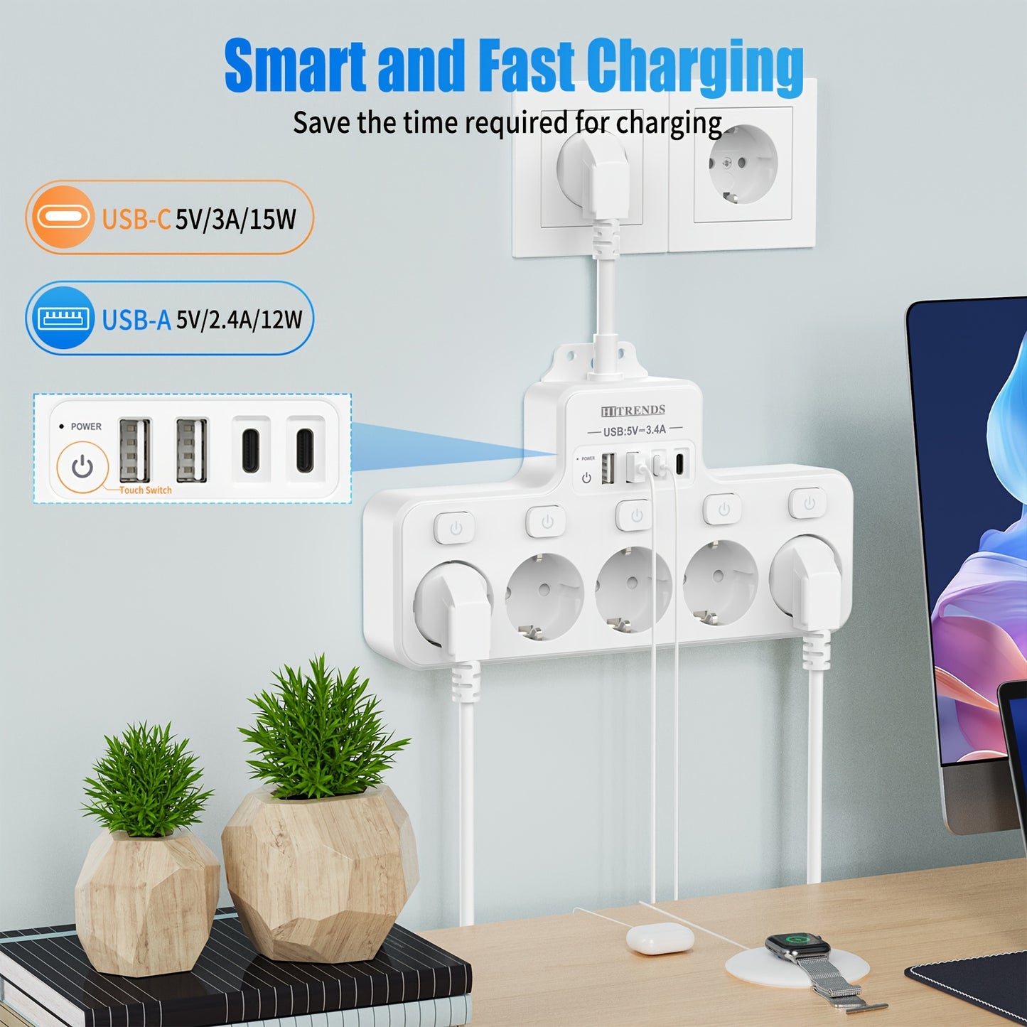 9in1 Power Strip with 5 AC Outlets, 4 USB Ports (2 TYPE-C), Independent Switch, Wall Mount for Home and Office.