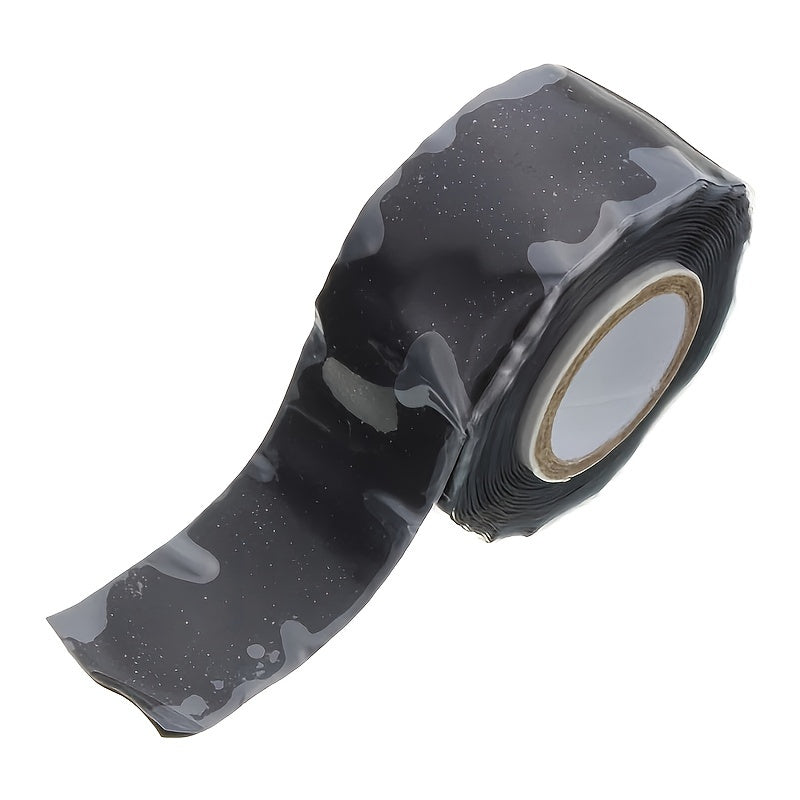 Self-Fusing Silicone Repair Tape seals and waterproofs leaky pipes, easy to apply with black adhesive.