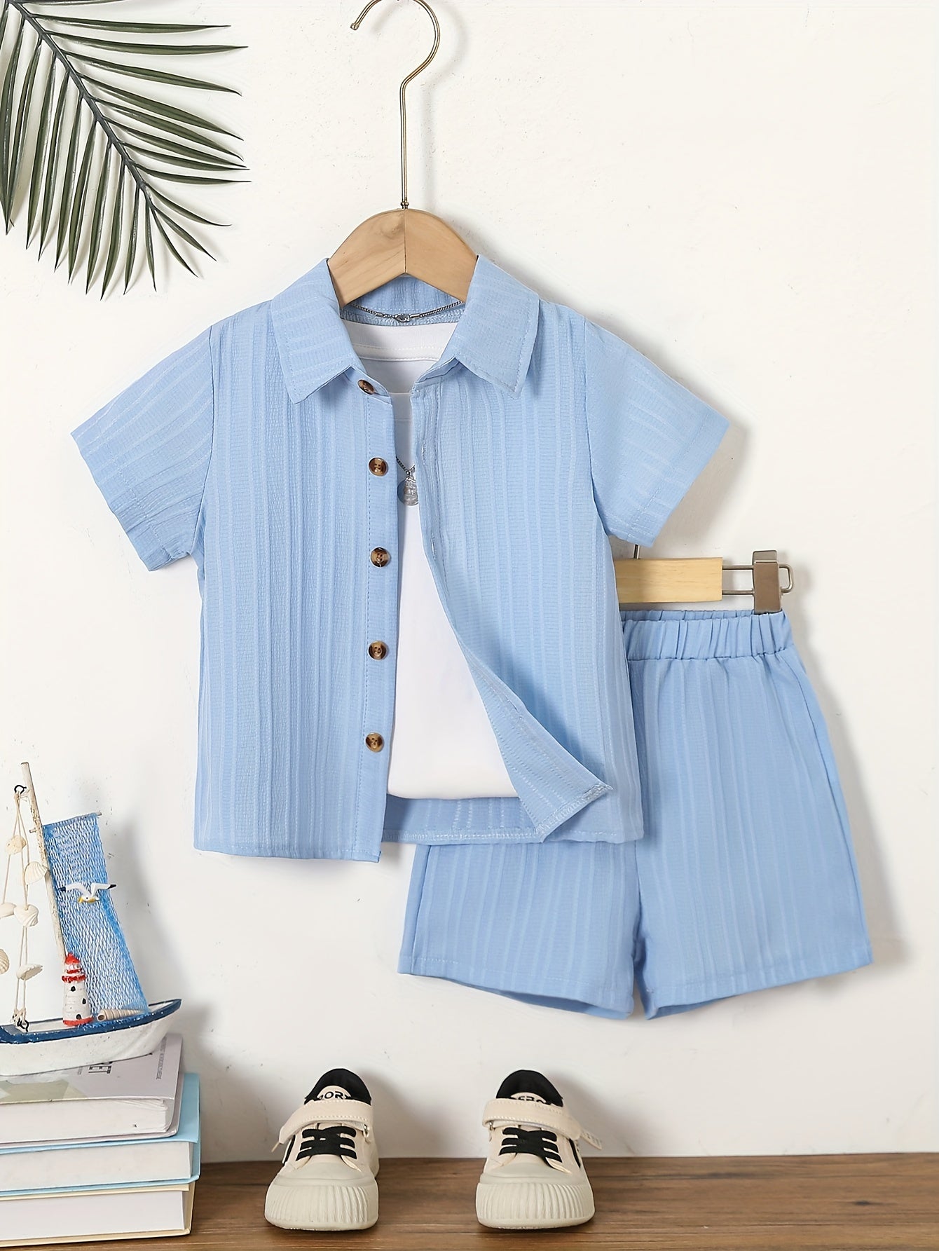 2-piece set of boy's solid color button shirt and shorts, no t-shirt included.