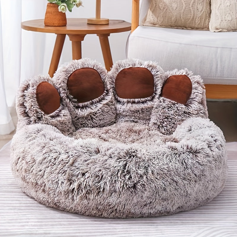 Soft paw-shaped pet bed for small to medium dogs and cats. Warm gray round sofa bed ideal for winter snuggling.