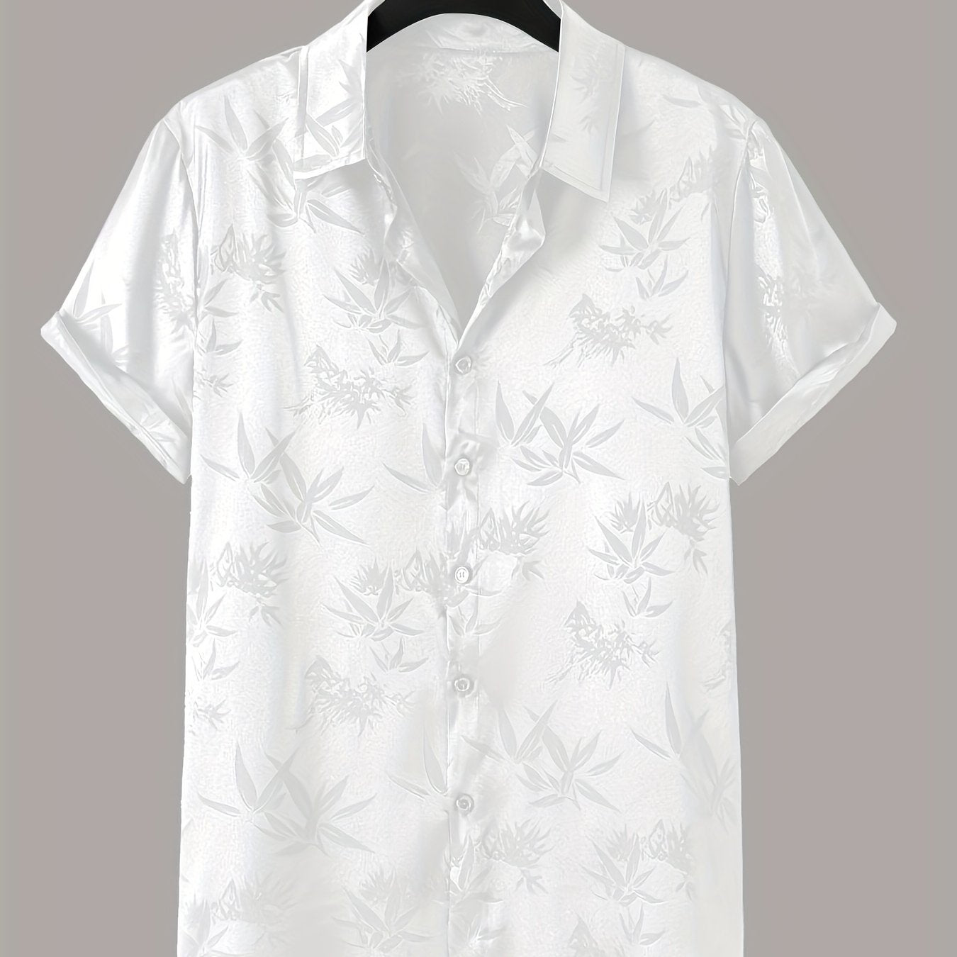 Men's casual short-sleeve button-up shirt with subtle floral print, made from lightweight polyester. Perfect for summer wear, collared design for easy care.