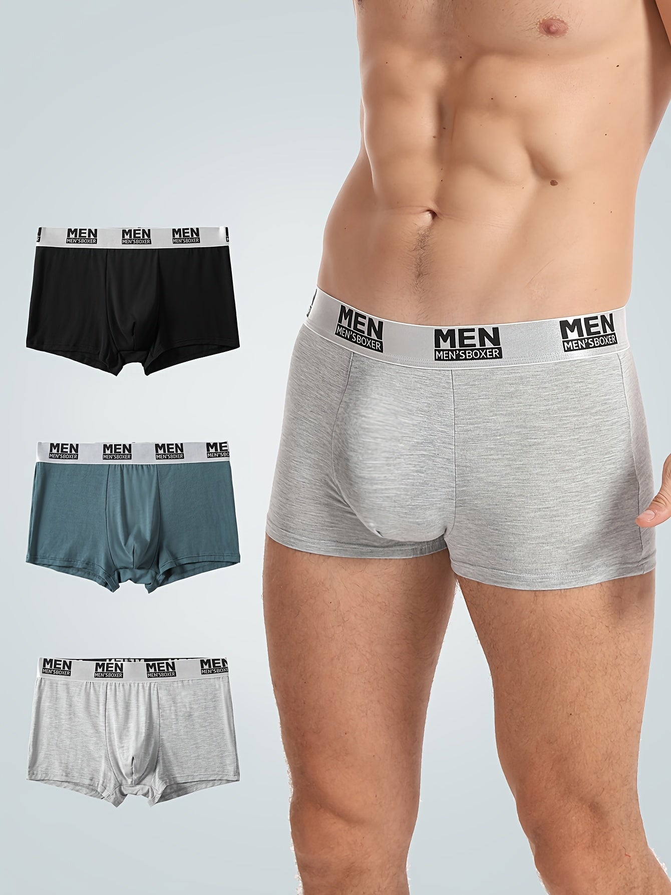 Set of 3 Men's Boxer Briefs in Black, Gray, and Dark Blue, featuring "MEN" Print, Breathable, Comfort Fit, Soft & Stretchy, Machine Washable.