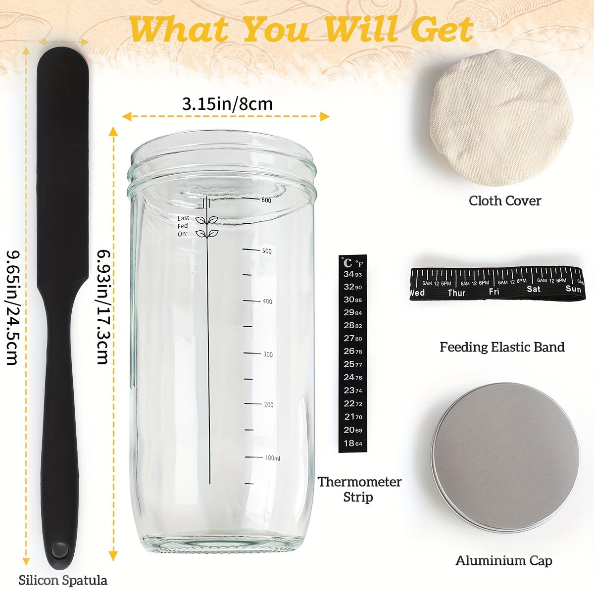 24oz Glass Fermentation Jar Set with Scale, Lid, Spatula, and closure for bread dough and fertilizer cultivation, natural yeast and fish sauce fermentation.