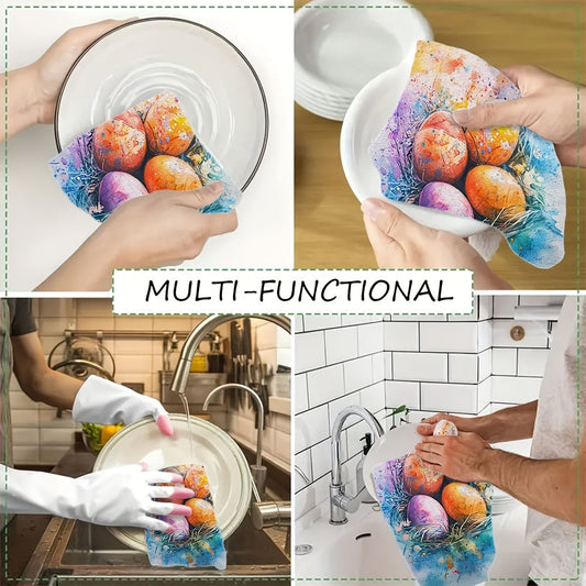 Get your hands on 2 pieces of ultra soft Easter kitchen towels featuring a vibrant watercolor eggs design. These highly absorbent and machine washable dish hand towels measure 40.64x60.96 cm, making them perfect for holiday decor. Add a festive touch to