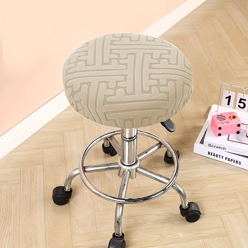 Modern round stool cover with geometric patterns, ideal for bar chairs and countertops. Beige, elastic, dustproof, machine washable polyester blend fabric.