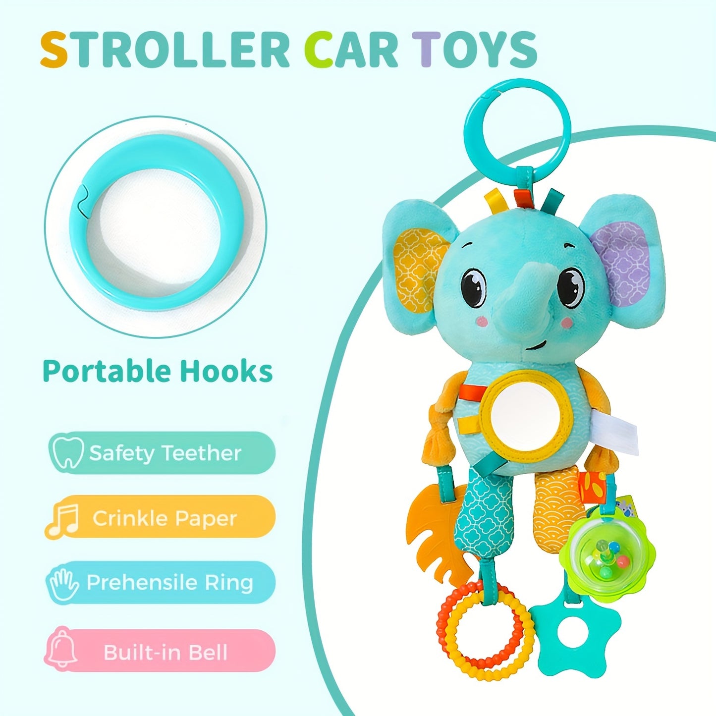 Top-rated rattle toy featuring adorable cartoon animals, suitable for youngsters 0-3 years, with a ringing bell. Can be used as a stroller and car seat accessory, available in random colors.