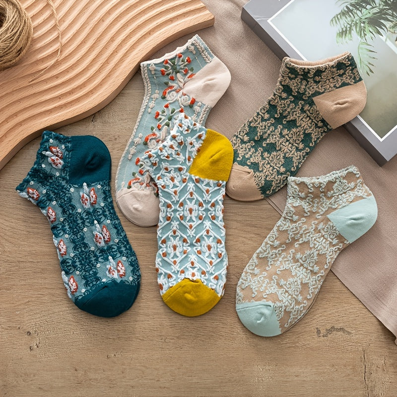 5 pairs of vintage court style short socks with cute Japanese flower and geometric 3D texture, low ankle cut for women.