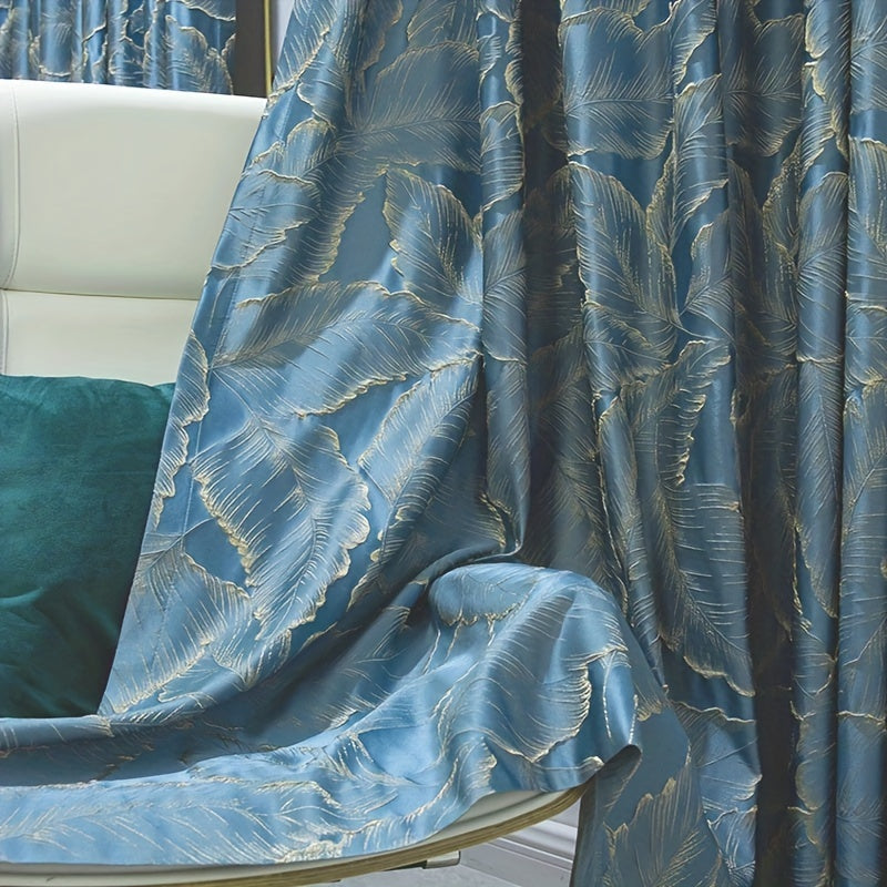 Luxurious embossed bronzing leaf curtains with semi blackout feature, perfect for living rooms and bedrooms. These curtains feature a jacquard design with a 3D plant pattern, adding a touch of elegance to any room. The grommet top farmhouse drapes are a