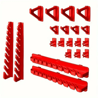 49 piece DIY carpentry and car repair tool set with organized wall-mounted storage system. Includes socket, screwdriver, and wrench for screws, nuts, bolts, nails, beads, and small hardware