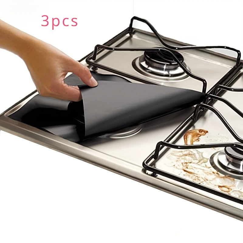 Pack of three reusable gas stove burner protector pads, with a thickness of 0.15mm. These pads are non-slip, BPA & BPS free, easy to clean kitchen accessories that require no electricity.