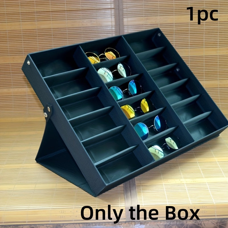 Upgraded 18-slot glasses organizer with clear lid, fabric lining, and snap close. Ideal for displaying glasses in stores.