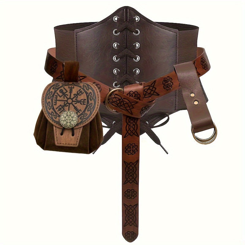 Medieval Renaissance Viking Dress Up Set with Steampunk PU Leather Waist Guard, Belt, Drawstring Pouch, and Clip. Perfect for Halloween Cosplay, LARP Parties, Stage Performances, and Costume Photo Props.