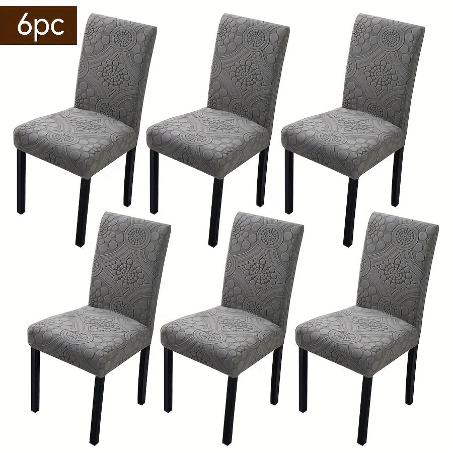 Boho style chair slipcovers available in sets of 6, 8, or 10. Made of stretch jacquard fabric with a slipcover-grip feature, these waterproof and machine washable polyester covers are designed for dining, office, banquet chairs, and home decor. Easy to