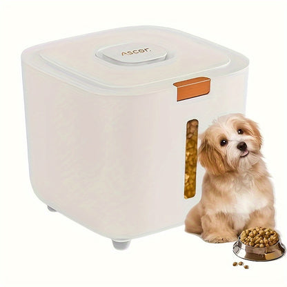 Airtight pet food storage container with flip lid in plastic, comes in 4.99kg and 9.98kg options. Large capacity, rectangle shape for dog and cat dry food. Easy to clean, durable seal keeps