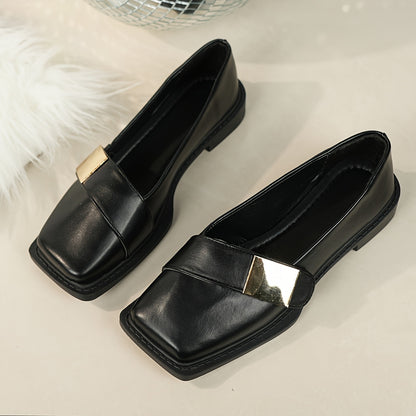 Elegant slip-on flats for women with square toe, large buckle, versatile for jeans, skirts, and commuting, faux leather