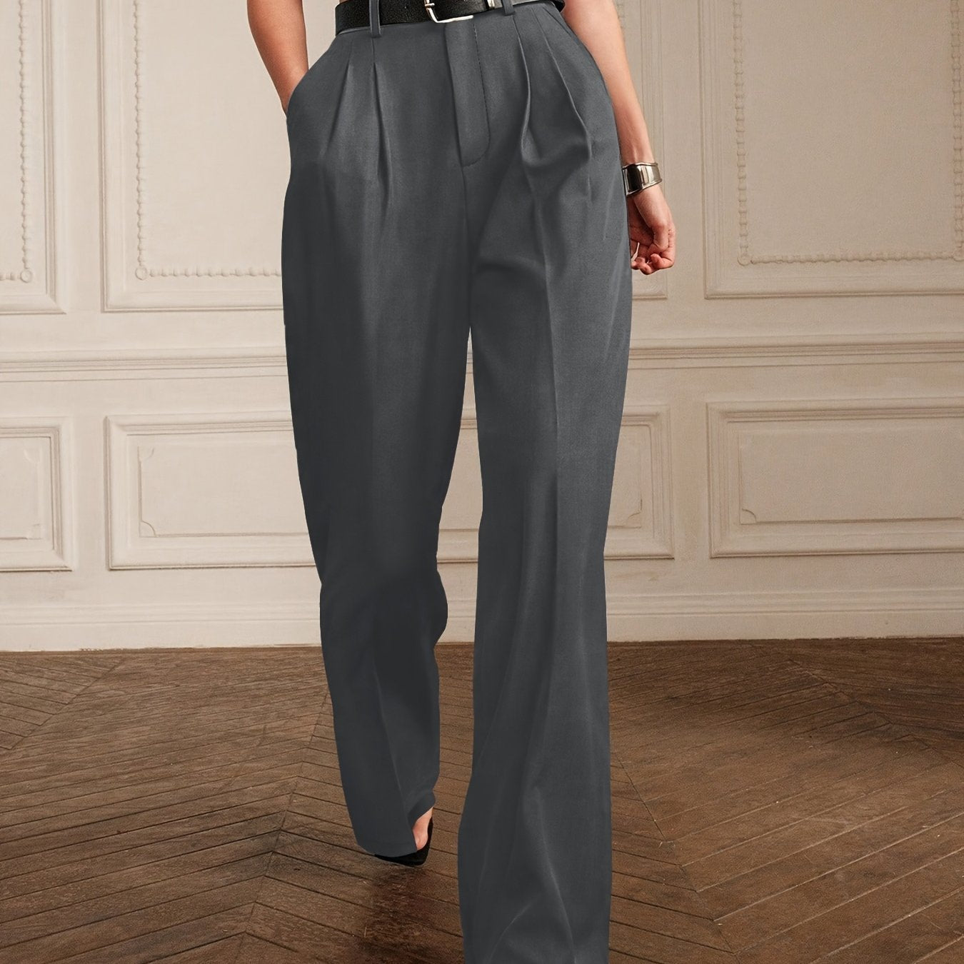 Elegant high-waist straight leg pants in solid color for work and office wear.