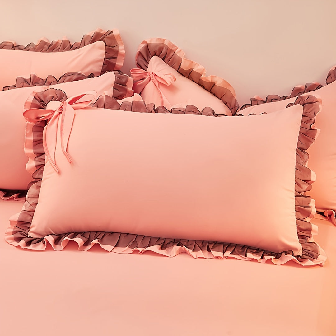 This lace pillowcase features a chic bowknot design and is made of soft polyester material. It has an envelope closure and should be hand washed only. Perfect for adding a touch of elegance to your bedroom, living room, or dorm decor.