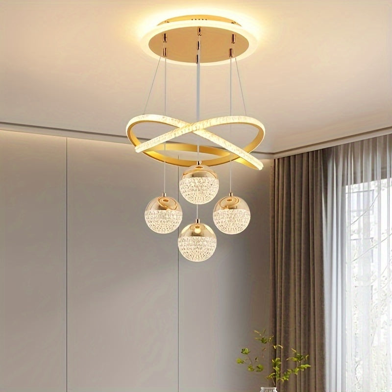 Contemporary LED chandelier with crystal embellishments and metal construction - perfect for dining rooms, living rooms, clothing stores, bars, and staircases. Includes installation hardware and features a simple, modern design. Ideal for apartments.