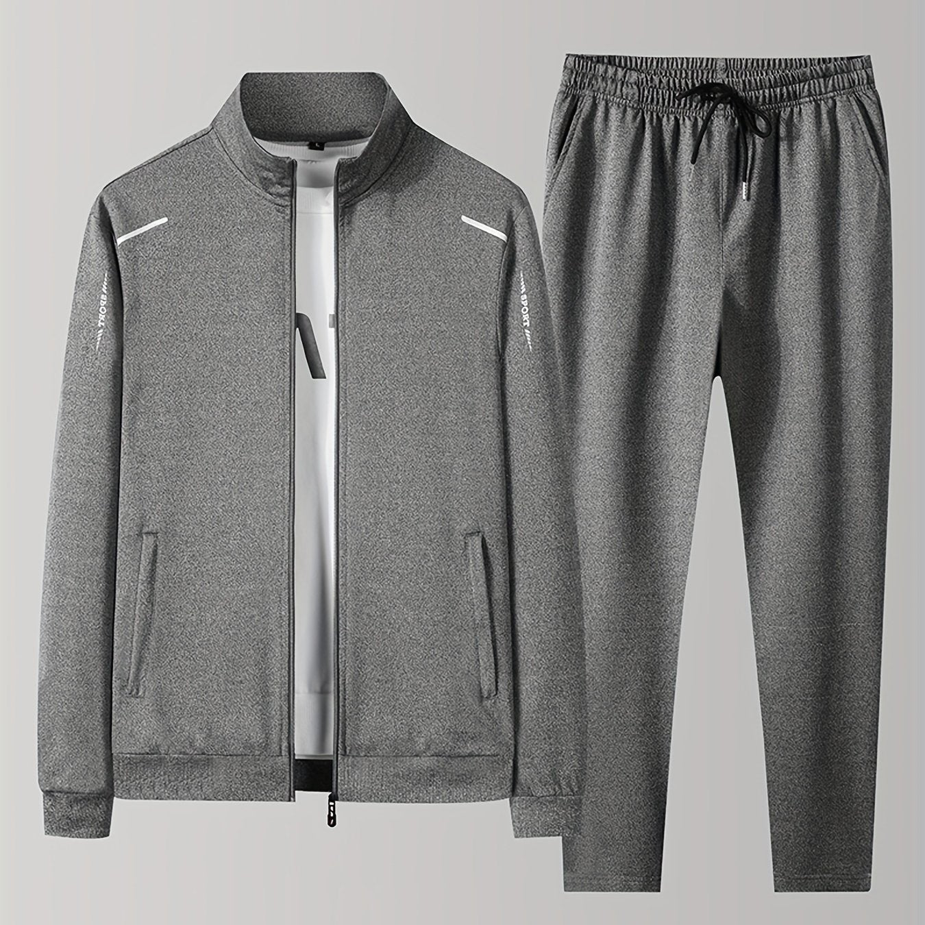 Men's athletic tracksuit set with zip-up jacket and jogging pants for gym workouts and running.