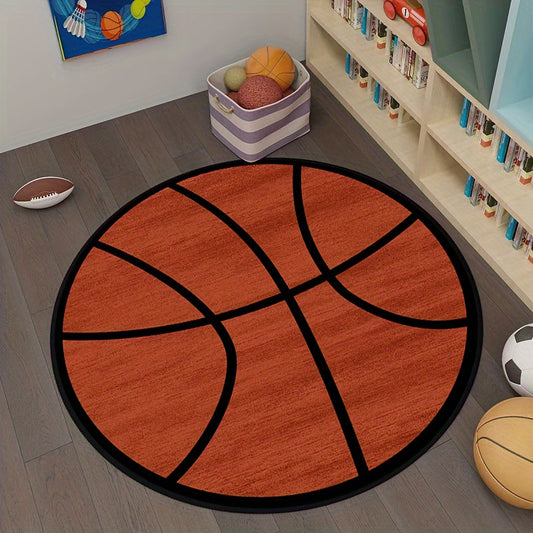 Thick Basketball-Inspired Round Area Rug - Soft Polyester Material, Easy to Clean - Perfect for Bedroom, Living Room, or Playroom Decor - Provides Comfort and Style, Bedroom Rug Option