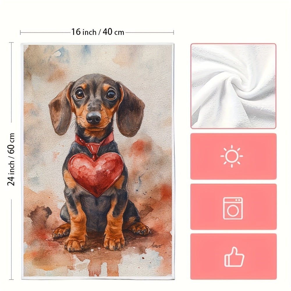 Get two ultra soft kitchen towels featuring an adorable dachshund puppy with a heart design. These highly absorbent and machine washable hand towels measure 40.64x60.96 cm and are perfect for Valentine's Day decor or as dish towels.