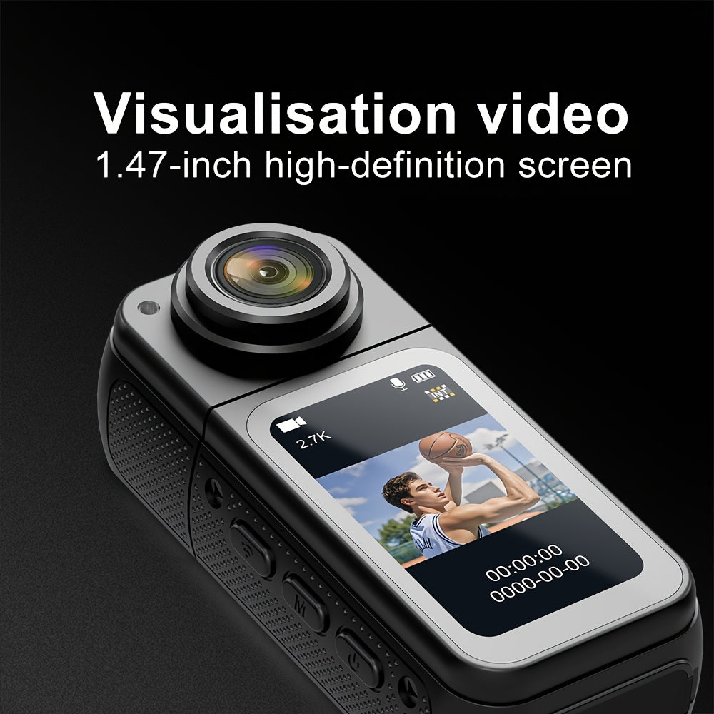 2K Thumb Action Camera, lightweight POV camera with magnetic lanyard, portable body camera with IPS screen, 180° rotating lens, wearable pocket camera for vlog with 64G card.