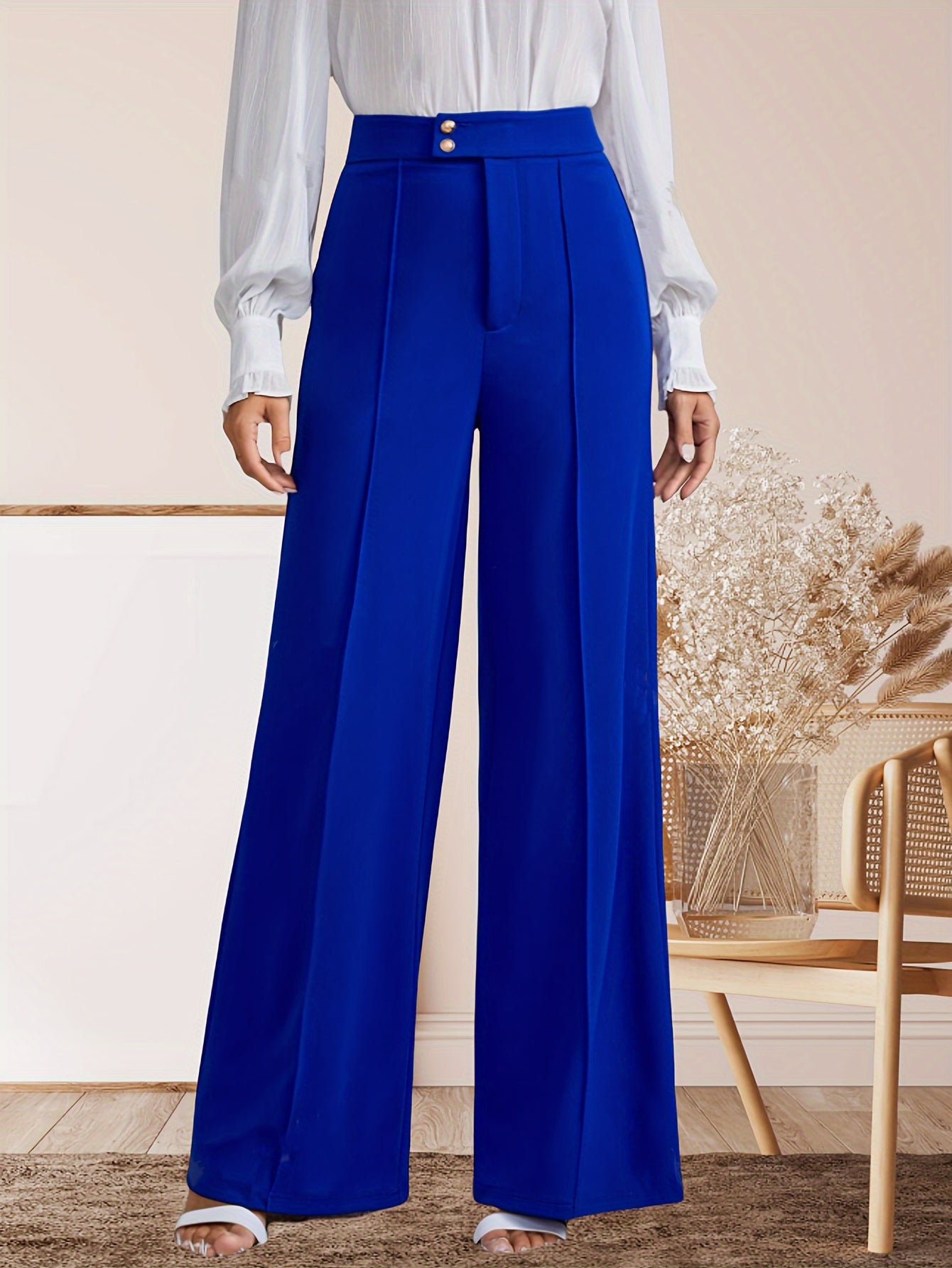 Women's High-Waisted Palazzo Pants - Elegant, Wide-Leg, Button Fly, Suitable for Work and Casual Wear