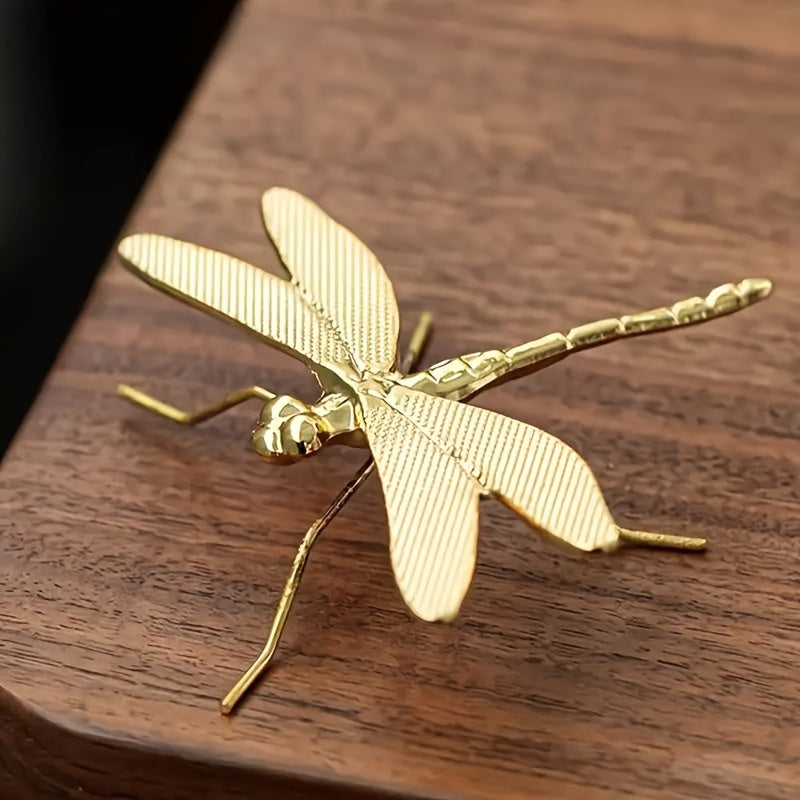 Gold dragonfly tea pet - intricate metal collectible for desk and living room decor, no electricity needed.