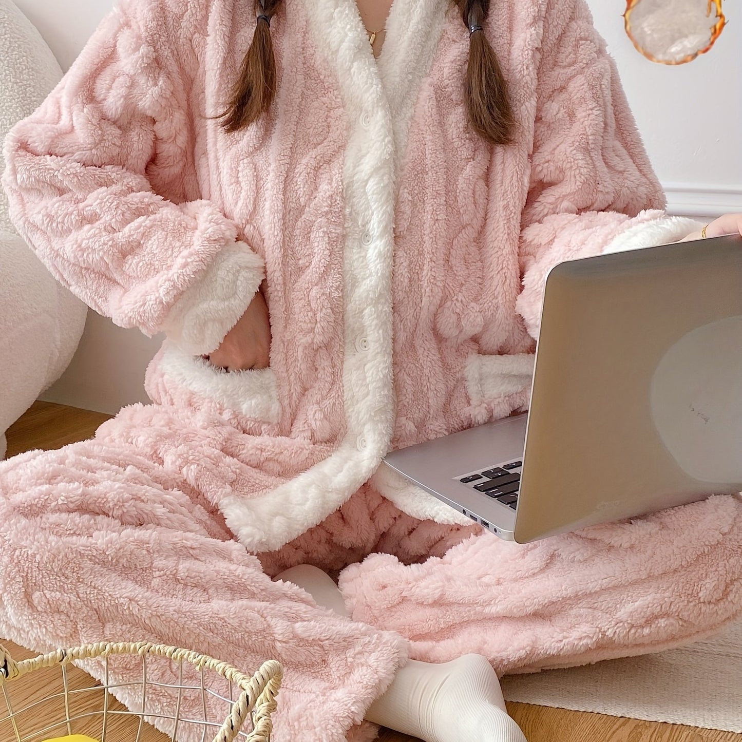 Women's Cozy Fleece V-Neck Pajama Set with Pockets, Long Sleeves, and Non-Stretch Polyester fabric.