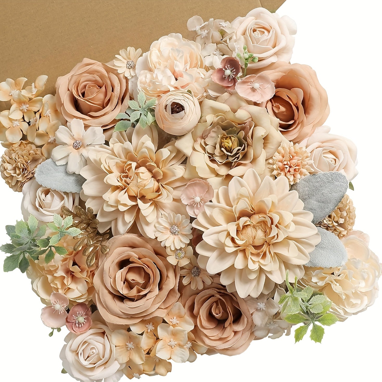 Champagne color artificial flowers with stems, leaves, and loose flowers in a box set for DIY wedding bouquets, party decorations, and home decor. Perfect for Valentine's Day and spring events.