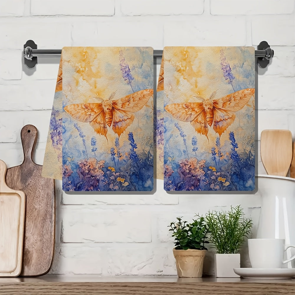 Set of two ultra soft kitchen towels featuring a whimsical moth and floral design. These highly absorbent dish hand towels are machine washable and perfect for contemporary coastal decor. Each towel measures 40.64x60.96 cm.