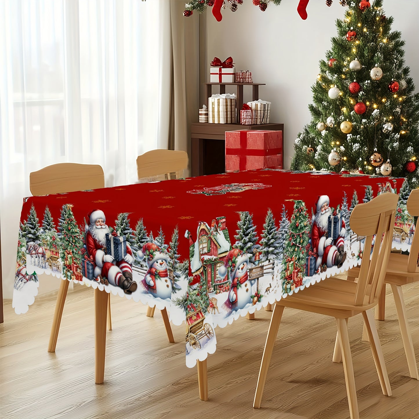 Get into the holiday spirit with our Christmas and New Year tablecloth featuring Santa Claus, Snowman, and Christmas Tree patterns. Made of durable polyester with edge embossed craft, available in 4 sizes for both round and rectangular tables. Perfect