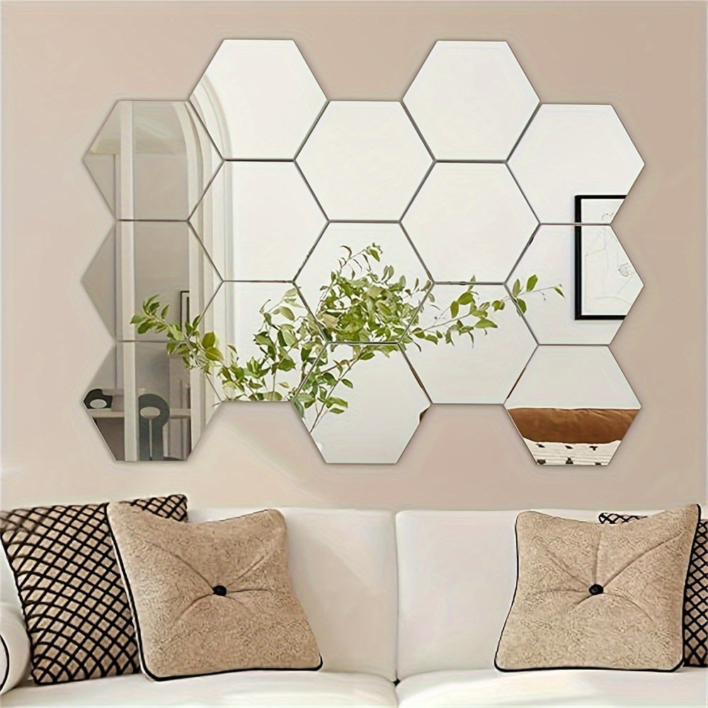 Silvery acrylic hexagon mirror decals for DIY 3D art in home decor.