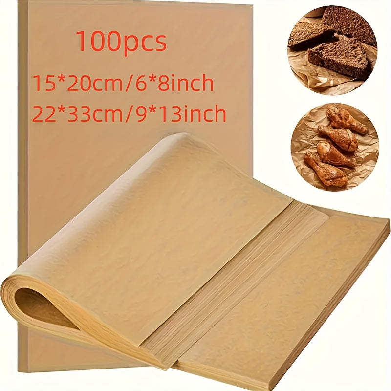 100 unbleached parchment paper sheets, pre-cut for baking, cooking, grilling, frying, and steaming in the home kitchen.