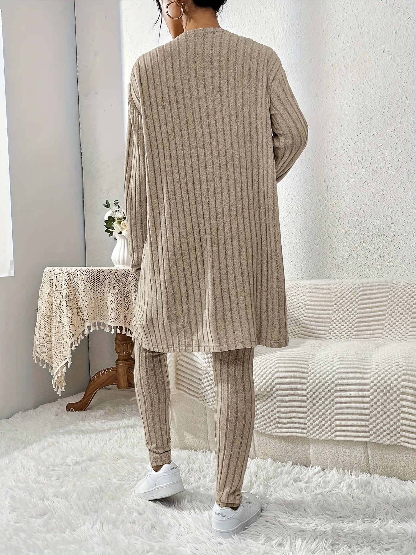 Fall and winter casual loungewear set for women, including a cardigan, camisole, and pants.