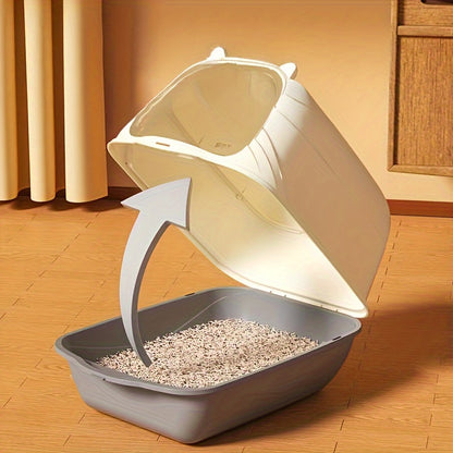 Enclosed large cat litter pan with scoop, liner, and odor resistant materials. Easy-to-clean and fully enclosed cat litter box. Dimensions: 36*50*34cm.