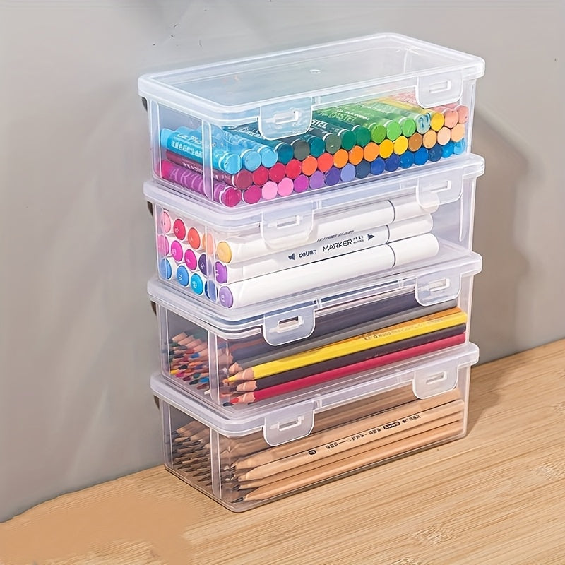 Set of 4 large clear PP storage boxes with lids, ideal for organizing office and school supplies like pens, pencils, markers, and crafts.