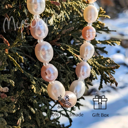 This elegant vintage-style necklace features handcrafted natural freshwater pearls, with a beautiful combination of 9-10mm white and pink baroque pearls. It comes in a gift box, making it a perfect accessory for daily wear, parties, birthdays