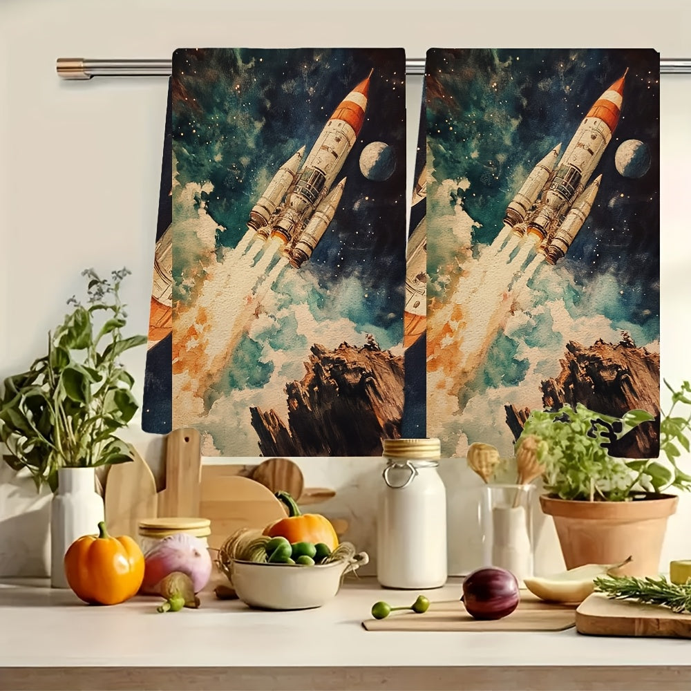 This pair of ultra-soft kitchen towels is adorned with NASA's Grand Tour of Space Tourism, making them a unique and eye-catching addition to your kitchen decor. Not only are these towels highly absorbent, but they are also machine washable for easy care.