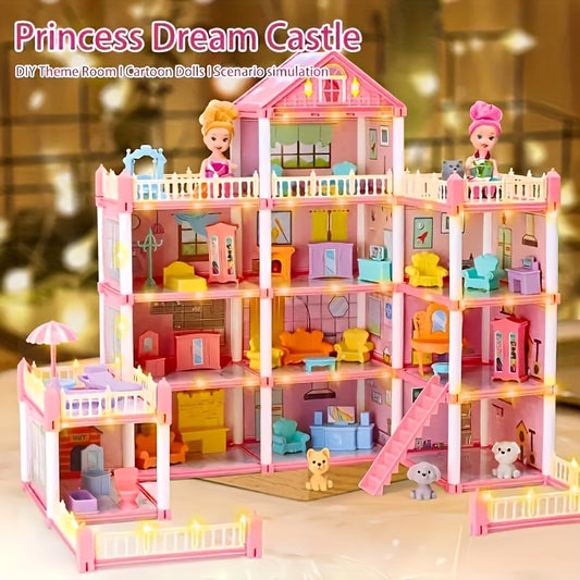 Luxurious 4-story dollhouse set with 4 dolls and accessories, perfect for children's pretend play. Available in pink or blue.