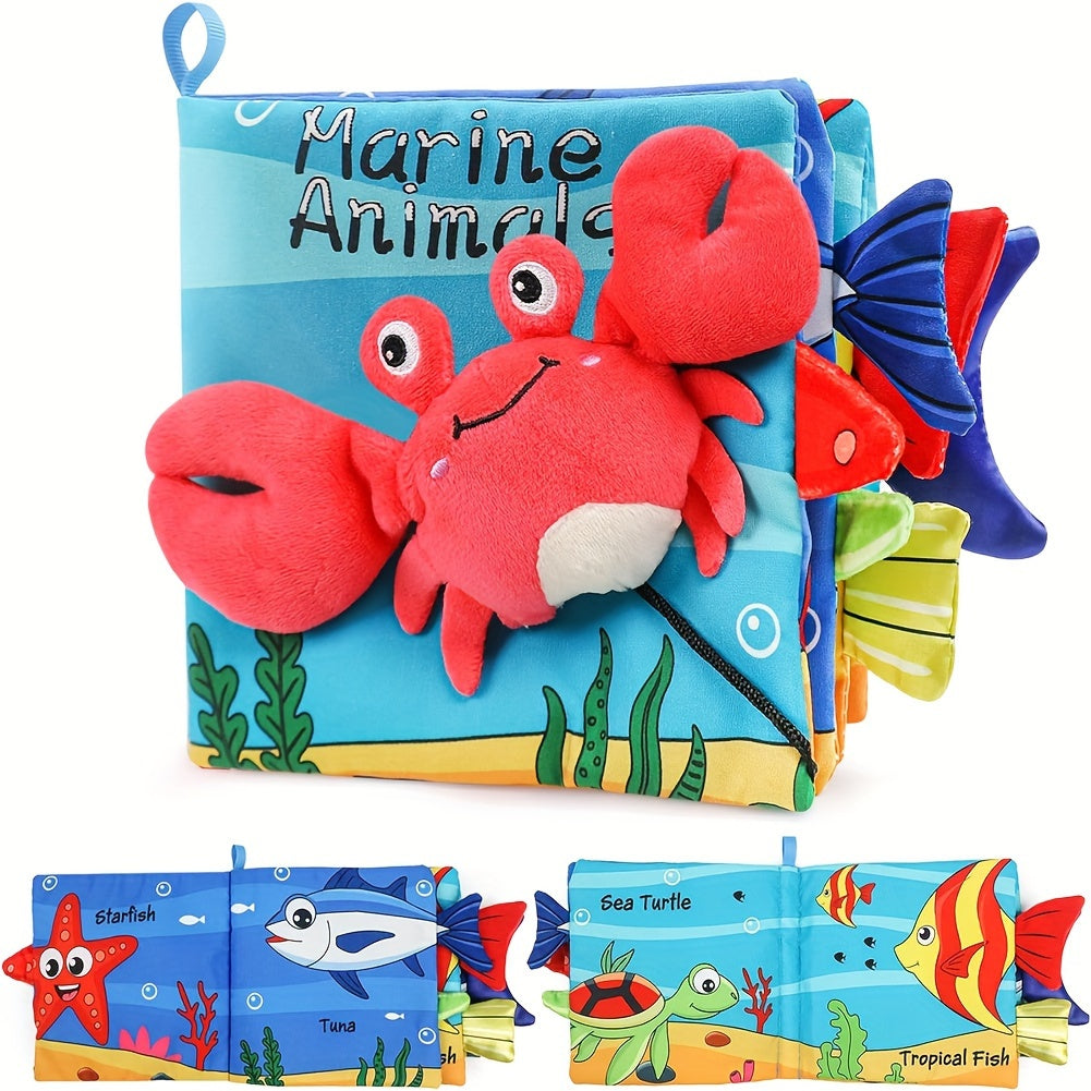 Soft crinkle books with 3D touch and high contrast colors for early education, along with shark tails teething toys and teether ring. A perfect gift for toddlers in random colors.