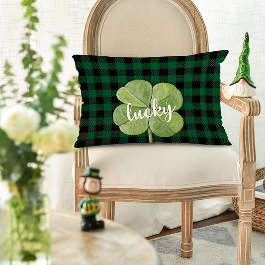 St. Patrick's Day Contemporary Linen Lumbar Pillow, 30.48x50.8 cm, Plaid Clover Design, Machine Washable, Zipper Closure, Decorative Cushion for Any Room, Suitable for Indoor or Outdoor Use (Single Sided, Pillow Core not Included)