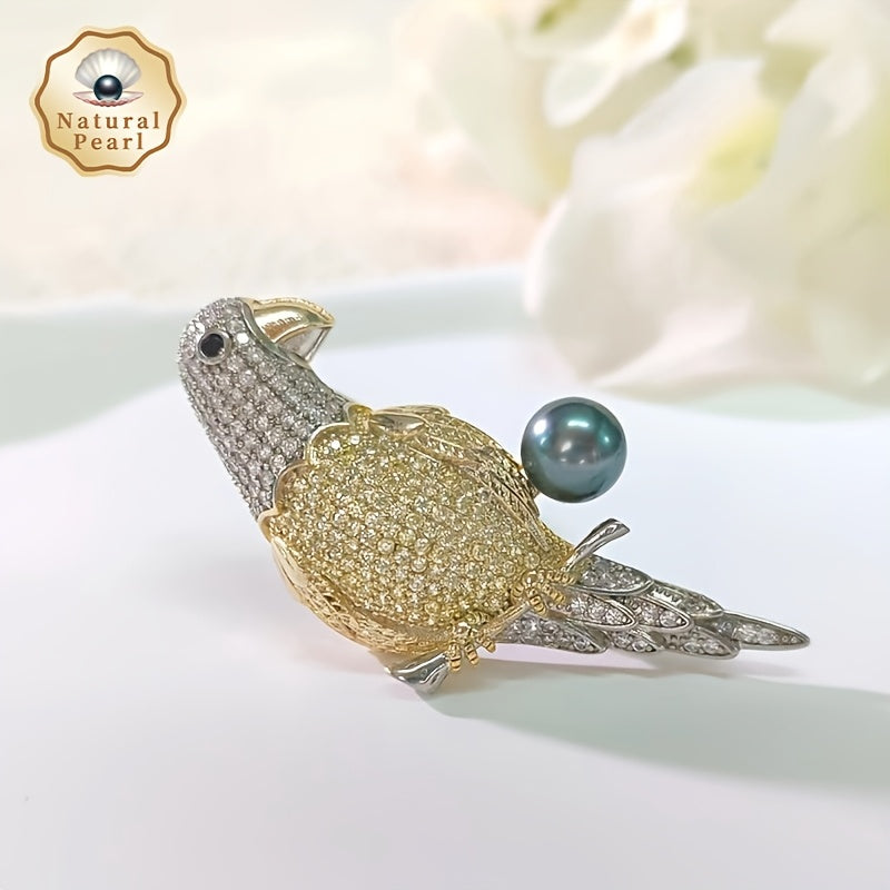 Vintage-style Elegant Parrot Brooch featuring a Natural Deep Sea Black Pearl, comes with a Perfect Gift Box