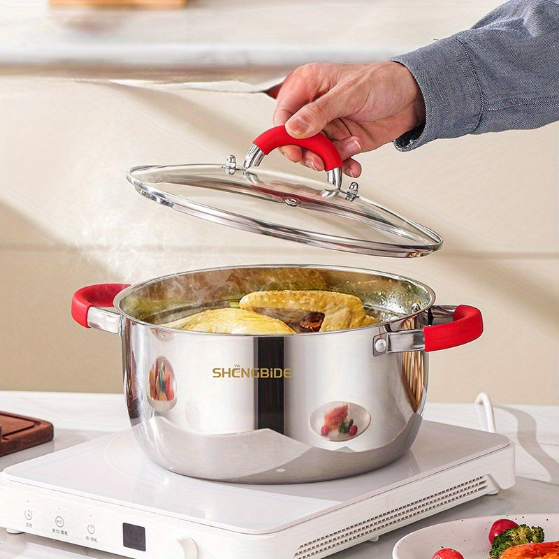 This set includes 16 pieces of stainless steel cookware, perfect for all your cooking needs. The set contains 4 pots, 1 frying pan, 1 milk pot, 6 pot lids, 2 spatulas, 1 spoon, and 1 steamer. The pots are designed to distribute heat evenly and quickly