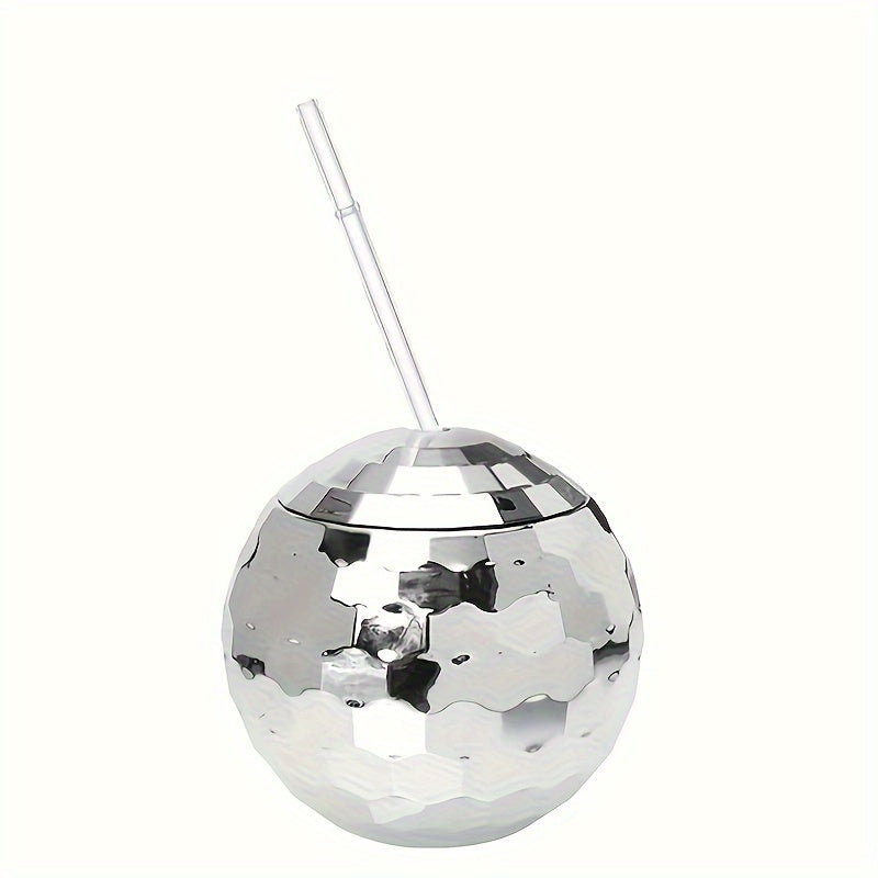 Spherical glitter ball cup with straw, perfect for parties.