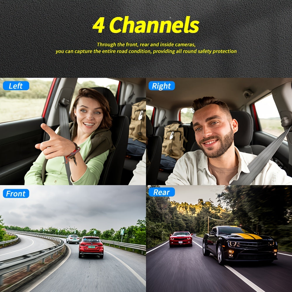 Wireless 4-channel GPS dash cam with 24-hour parking mode and memory card, recording 360° front, left, right, and rear views.