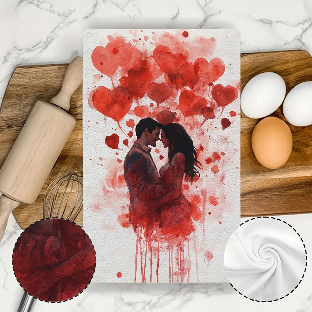 Set of 2 Romantic Love-Themed Kitchen Towels - Made of Ultra Soft & Highly Absorbent Polyester, Perfect for Drying Dishes - Machine Washable, Size 40.64x60.96 cm - Great Addition to Valentine's Day Decor featuring Heart Splatter Design