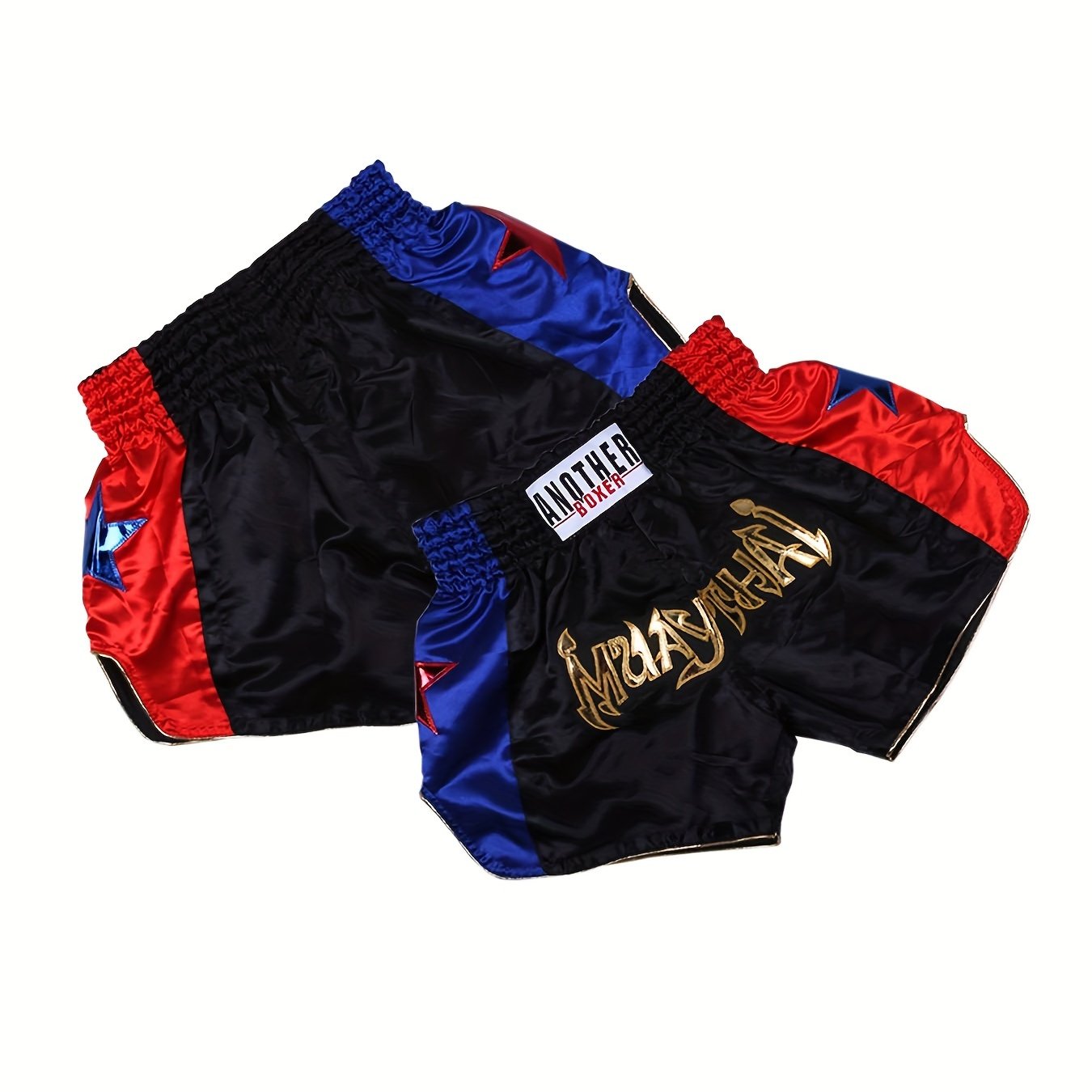 AUTHENTIC VANDALS" Boxing Training Shorts - Lightweight non-stretch polyester with padded support for combat sports in black/blue/red.